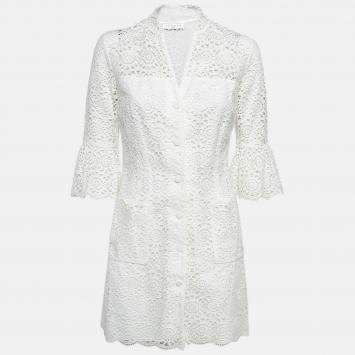 Pre Owned Sandro White Floral Lace Buttoned Front Mini Dress M