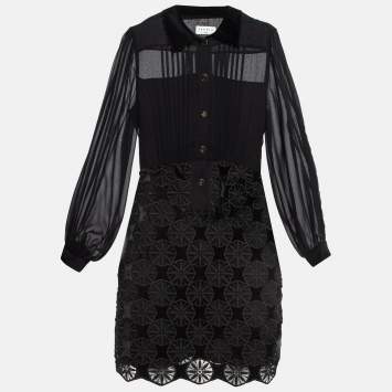 Pre Owned Sandro Black Velvet Lace and Crepe Mini Dress S