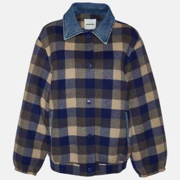 Pre Owned Sandro Navy Blue Checked Wool & Denim Short Coat S