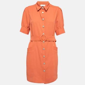 Pre Owned Sandro Orange Stretch Knit Belted Joody Mini Dress M