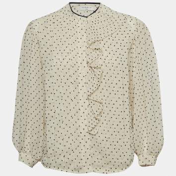 Pre Owned Sandro White Swiss Dots Chiffon Ruffled Shirt XS