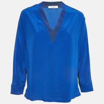 Pre Owned Sandro Blue Silk V Neck Loose Fit Top S