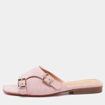 Santoni Pink Suede Double Buckle Flat Sandals Size 35