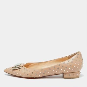 Pre Owned Santoni Beige Leather Crystal Embellished Pointed Toe Buckle Ballet Flats Size 38.5