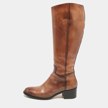 Pre Owned Santoni Brown Leather Knee Length Boots Size 38