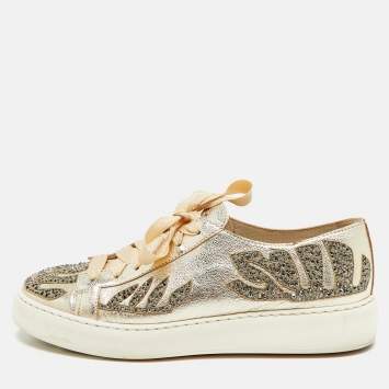 Santoni Gold Leather Crystal Embellished Lace Up Sneakers Size 39