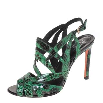 Pre Owned Santoni Green Python Leather Strappy Slingback Sandals Size 39