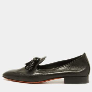Pre Owned Santoni Black Leather Fringe Detail Slip On Loafers Size 39.5