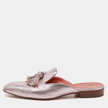 Pre Owned Santoni Metallic Leather Fringe Detail Flat Mules Size 39