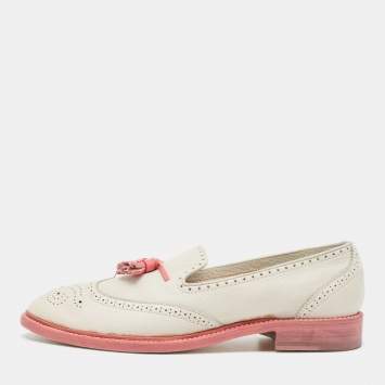 Pre Owned Santoni Light Grey/Pink Brogue Leather Fringe Detail Slip On Loafers Size 40
