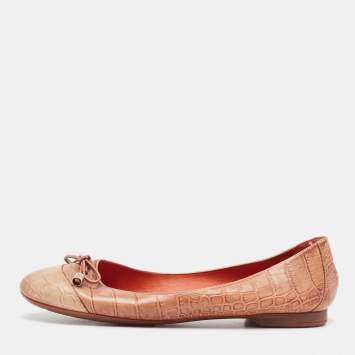 Pre Owned Santoni Two Tone Croc Embossed Leather Bow Ballet Flats Size 37