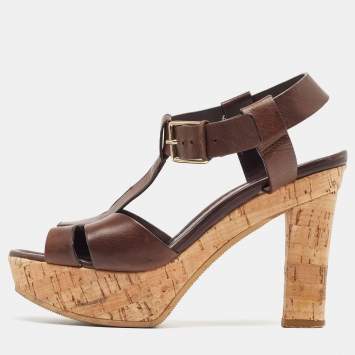 Pre Owned Santoni Brown Leather Ankle Strap Platform Sandals Size 37