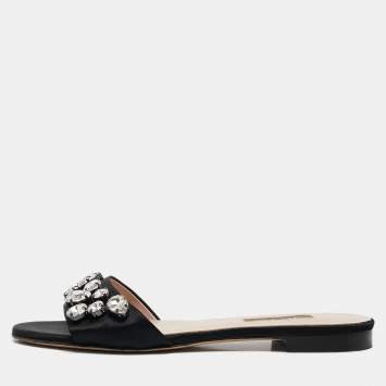 Pre Owned SJP Sarah Jessica Parker Black Satin Crystal Embellished Flat Slides Size 37