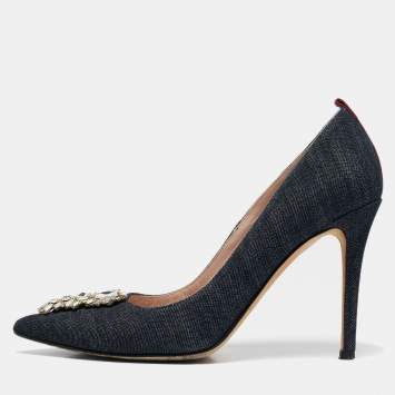 Pre Owned SJP Sarah Jessica Parker Navy Blue Denim Crystal Embellished Pointed Toe Pumps Size 37