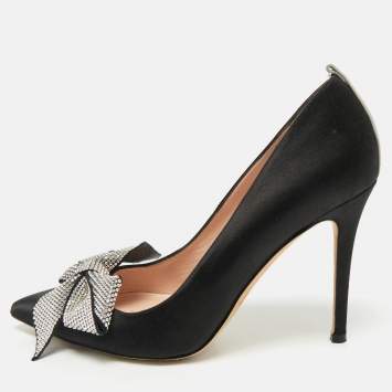 Pre Owned SJP Sarah Jessica Parker Black Satin Crystal Embellished Pumps Size 37