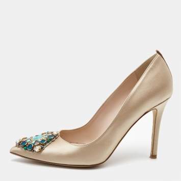 Pre Owned SJP Sarah Jessica Parker Beige Satin Crystal Embellished Pointed Toe Pumps Size 36