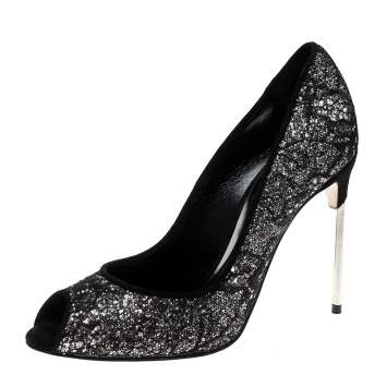 Pre Owned Sebastian Black Lace and Silver Glitter Peep Toe Pumps Size 37