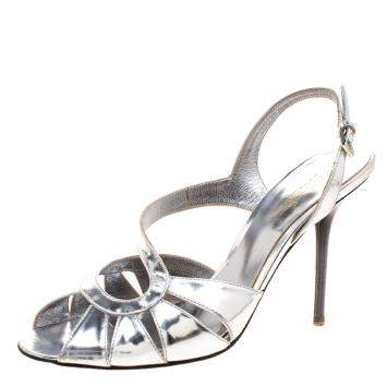 Pre Owned Sebastian Metallic Silver Leather Slingback Sandals Size 36.5