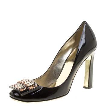 Pre Owned Sebastian Black Patent Leather Crystal Embellished Pumps Size 38.5