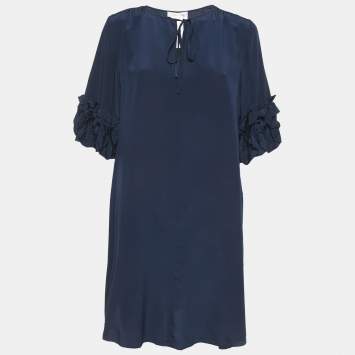 Pre Owned See by Chloe Navy Blue Silk Ruffled Mini Dress M