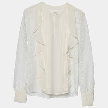 Pre Owned See by Chloe White Lace & Silk Paneled Ruffle Detail Blouse S 