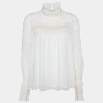 Pre Owned See by Chloe Natural White Sheer Crepe Smocked Blouse S