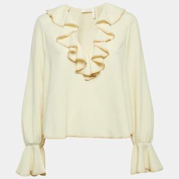 Pre Owned See by Chloe Cream Textured Crepe Flared Sleeve Top S