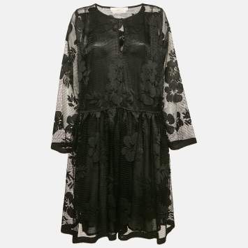 Pre Owned See by Chloé Black Embroidered Mesh Short Dress L