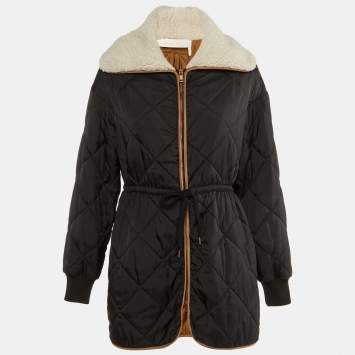 Pre Owned See by Chloe Black Quilted faux Shearling Collar Long Jacket S