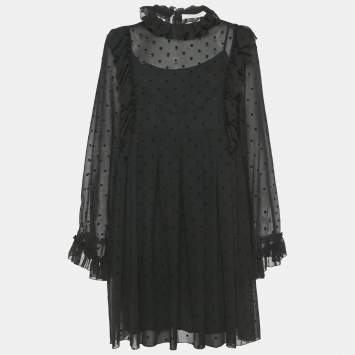 Pre Owned See by Chloe Black Flocked Chiffon Ruffled Mini Dress M
