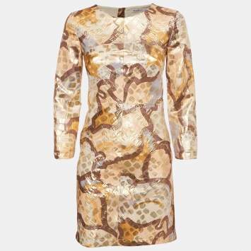 Pre Owned See by Chloe Jacquard Gold Full Sleeve Mini Dress S 