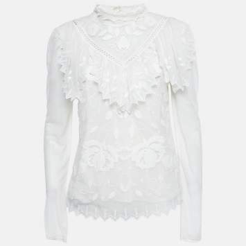 Pre Owned See by Chloé  White Mesh Frill Neck Detail Blouse M