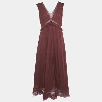 Pre Owned See by Chloé Burnt Mahogany Cotton Ruffled Lace Detail Maxi Dress L