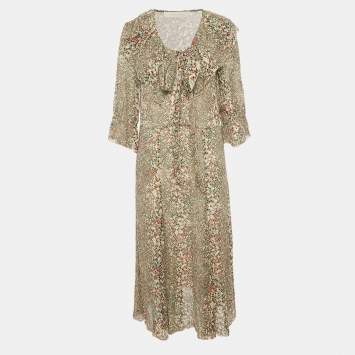 مملوكة مسبقًا فستان سي باي كلوي بني مطبوع كريب ميدي مقاس وسط (ميديم)