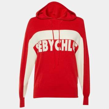 Pre Owned See by Chloé Red Logo Intarsia Knit Hooded Sweater S