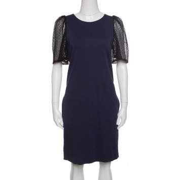 Pre Owned See by Chloe Navy Blue Jersey Contrast Lace Sleeve Dress S