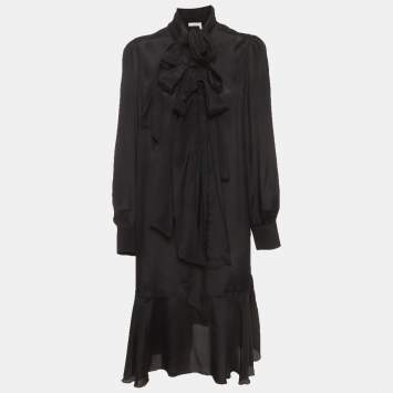 Pre Owned See by Chloé Black Crepe Neck Bow Tie Detail Midi Dress L
