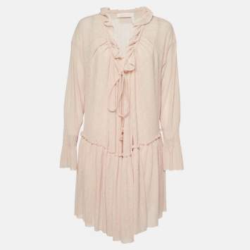 Pre Owned See by Chloe Pink Gauze Bow Neck Tie Ruffle Mini Dress XS
