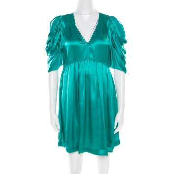 Pre Owned See by Chloe Green Plunge Neck Applique Detail Satin Dress S