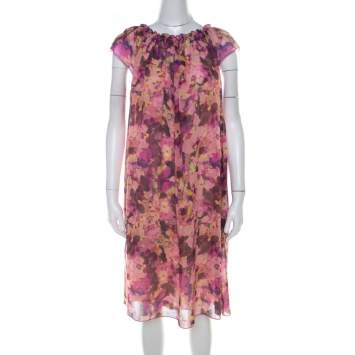 Pre Owned See by Chloe Pink Floral Print Crepe Ruffled Neck Shift Dress M