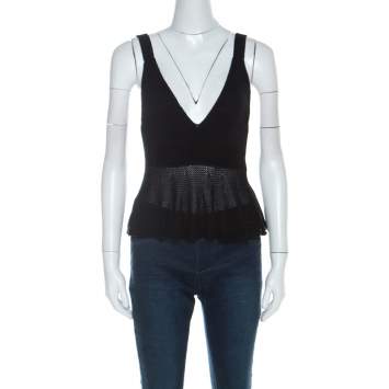 Pre Owned See by Chloe Black Crochet Knit Cotton Plunge Neck Crop Top S