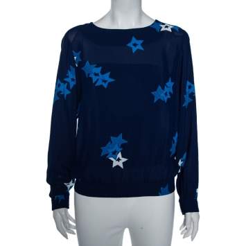 Pre Owned See by Chloe Navy Blue Star-Print Crepe Smocked Waist Blouse M