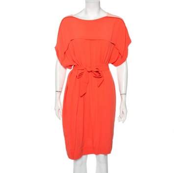 Pre Owned See by Chloe Coral Pink Crepe Contrast Shoulder Detail Belted Dress M 