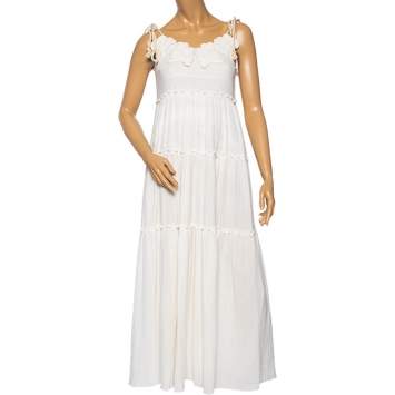 Pre Owned See by Chloe White Cotton Floral Embroidered Yoke Detailed Tiered Maxi Dress M