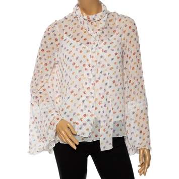 Pre Owned See by Chloe White Floral Printed Georgette Lace Trim Detailed Blouse M