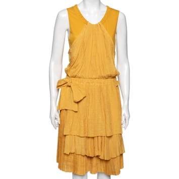 Pre Owned See by Chloe Yellow Knit & Plisse Overlay Detail Sleeveless Mini Dress L