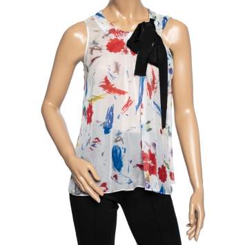 Pre Owned See by Chloe Multicolor Silk Neck Tie Detail Sleeveless Sheer Top S