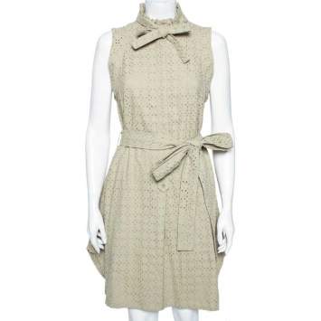 Pre Owned See by Chloe Light Green Embroidered Cutwork Sleeveless Belted Midi Dress M