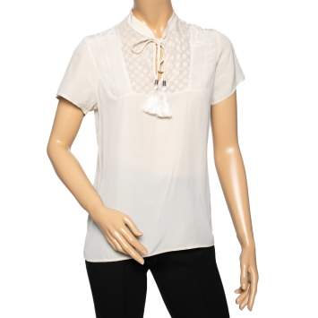 Pre Owned See by Chloe Beige Silk Neck Tie Detail Paneled Top M