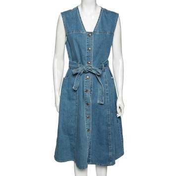 Pre Owned See by Chloe Blue Denim Button Front Belted Sleeveless Dress L
